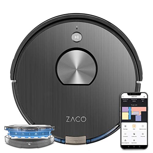 ZACO A10 Saugroboter mit Wischfunktion (Neuheit 2021), 360° Laser-Navigation, Alexa & Google Home Steuerung, Mapping, No-Go-Zonen, Timer, für Hartböden & Teppich, bis 2 Std saugen oder wischen, Grey