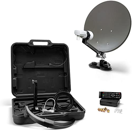 XORO MCA 38 HD Set - 38,5 cm Camping Satellitenantenne inkl. FullHD DVB-S2 Receiver, Single LNB mit integriertem Satfinder, 10m Kabel im Hartschalenkoffer