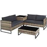 TecTake 800959 Polyrattan Lounge Sitzgruppe, 4-TLG. Gartenmöbel Set mit Sofa Tisch und Aufbewahrungsbox, Tisch mit Glasplatte, für Garten Balkon und Terrasse, inkl. Kissen (Natur | Nr. 404302)