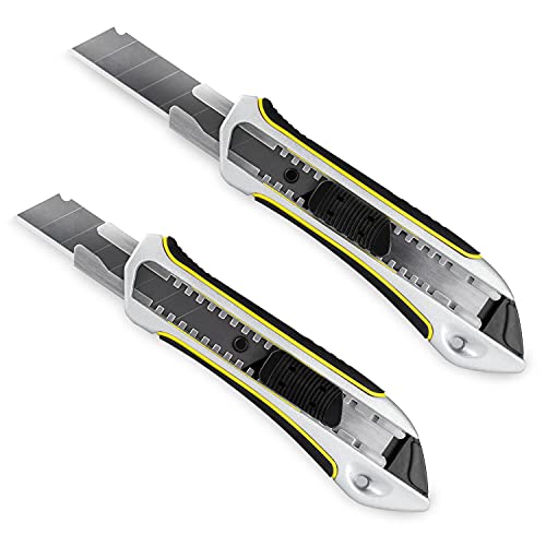 Precise Lines [2er Set] Cuttermesser 18mm - Aluminiumgehäuse mit 2-K-Griff und versenktem Schieberegler - Teppichmesser inkl. 10 SK5 Abbrechklingen