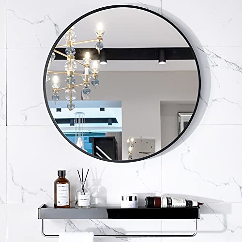 LIWEIKE Runder Spiegel 60 cm Wandspiegel Badezimmer mit Ablage Badspiegel ModernGroßer Spiegel für Badezimmer, Wohnzimmer, Gäste WC Schwarz