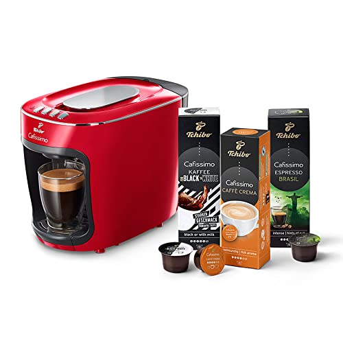 Tchibo Cafissimo mini Kaffeemaschine Kapselmaschine inkl. 30 Kapseln für Caffè Crema, Espresso und Kaffee, Rot, für Zuhause, Reisen, Camping, Büro