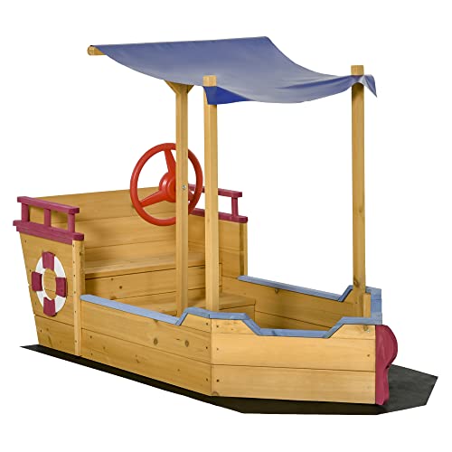 Outsunny Sandkasten Schiff Design Matschekiste aus Holz Segelschiff mit Sitzbank Flaggenmast Piratenschiff für Kinder 3-8 Jahre Sandkiste für den Garten Outdoor Sandbox Orange 160 x 70 x 103 cm