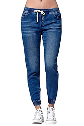 Ybenlover Damen High Waist Jeans Straight Slim Denim Stretch Lang Jeanshosen Mit Gummizug, Dunkelblau, XL