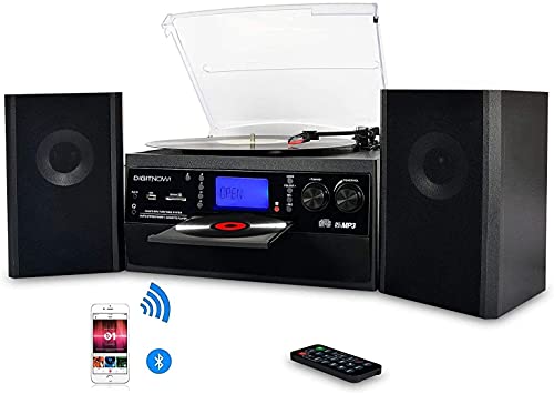 DIGITNOW! Plattenspieler mit Stereo Lautsprechern, Schallplattenspieler Kompaktanlage Stützen Bluetooth / CD / Kassettendeck / Radio / Vinyl to MP3 USB-Codierung / 33 45 78 U/Min / Fernbedienung