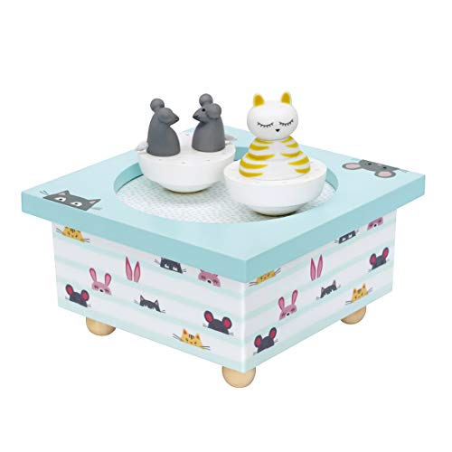 Trousselier - Katze & Maus - Tanzende Musikbox - Spieluhr -Ideales Geburtsgeschenk - 2 abnehmbare Figuren - Einfache Bedienung - Musik Love Story - Farbe blau