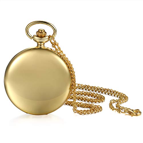 JewelryWe Herren Damen Taschenuhr Classic Glänzend Kettenuhr Analog Quarz Uhr mit Halskette Kette Umhängeuhr Pocket Watch Geschenk Gold