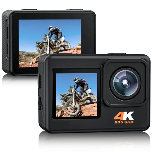 Action Cam 4K 24MP Doppelbildschirm, 170° Weitwinkel 4X Zoom PC Webcam Sportkamera WiFi Unterwasser 40M wasserdichte Kamera mit EIS, 2 x 1050mAh Batterien und Montagesets