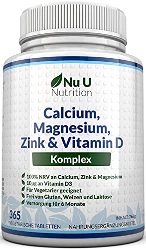 Calcium, Magnesium, Zink & Vitamin D3 | 365 Vegetarische Tabletten für 6 Monate | 800 mg Calciumcarbonat pro Tablette | Von Nu U Nutrition