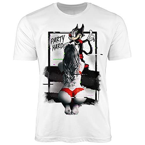 Neverless® Herren T-Shirt Party Hard Comic Katze Sex Spruch lustig Humor Fun-Shirt weiß XS