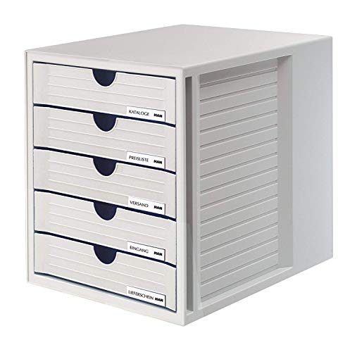 HAN Schubladenbox SYSTEMBOX mit 5 geschlossenen Schubladen für Unterlagen bis DIN C4, Schreibtisch oder im Schrank, inkl. Auszugsperre + Beschriftungsclip, möbelschonende Gummifüße, 1450-11, lichtgrau