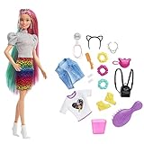 Barbie GRN81 - Leoparden Regenbogen-Haar Puppe (blond) mit Farbwechseleffekt, 16 Zubehörteilen, Spielzeug ab 3 Jahren