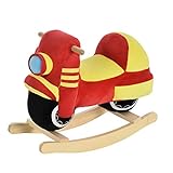 HOMCOM Kinder Schaukelpferd Baby Schaukeltier Motorrad mit Motorrad Sound, Schaukel Schaukelspielzeug Haltegriffe für 18-36 Monate Plüsch Rot+Gelb 60x25.5x48 cm
