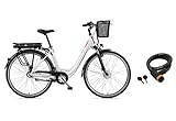 Telefunken E-Bike 28 Zoll Elektrofahrrad Alu mit 7-Gang Shimano Nabenschaltung, Pedelec Citybike mit Fahrradkorb, 250W und 13Ah, 36V Lithium-Ionen-Akku Multitalent weiß + ‎Sekura Fahrradschloss