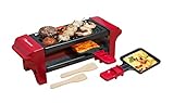 Bestron Raclette für 1 bis 2 Personen, Mini Tischgrill mit zwei Pfännchen und zwei Holzschabern, 350 Watt, Farbe: Rot/Schwarz