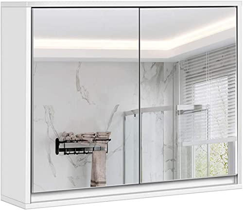 COSTWAY Zweitüriger Spiegelschrank, Zweistöckiger Wandschrank mit Vollem Spiegel für Rasieren & Schminken, Moderner Hängeschrank aus MDF mit Versteckten Griffen für Bad Toilette, 55 x 14 x 45 cm, Weiß