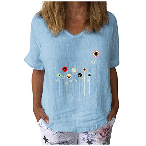 Damen Tops Casual Kurzarm T-Shirt mit Blumenmuster V-Ausschnitt Baumwolle Leinen Lose Tunika Bluse(XXXL,Hellblau)