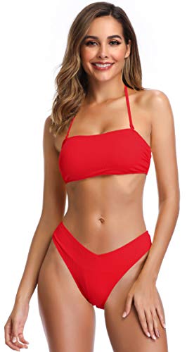 SHEKINI Damen Bikinis Set Rückenfrei Charmant Bandeau Bikini Bikinioberteil Verstellbarer Ties up Zweiteiliger Badeanzug Chic Bikinihose Strandbikini(Small, Rot)