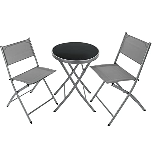 TecTake 403588 - Bistroset, Tisch mit Glasplatte und 2 Stühle, Robustes Gestell aus Stahl, Einfacher Auf- und Abbau, Diverse Farben (Grau)