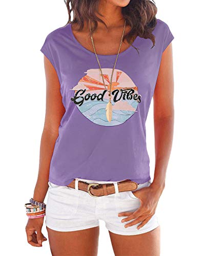 YOINS T-Shirt Damen Shirt Oberteile Sexy Oberteil für Damen Tops Sommer Einfarbig Ärmellos Rundhals mit Sterne See-Lila M