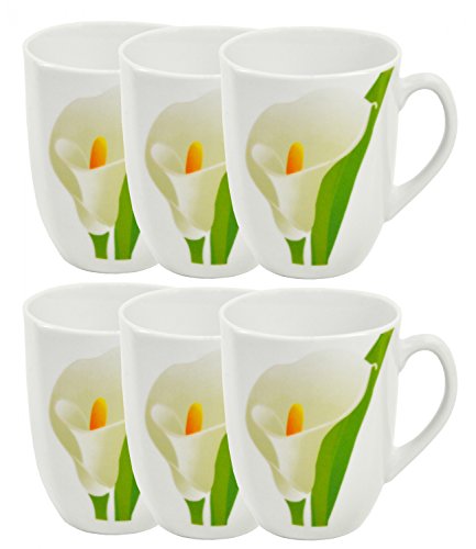 Van Well 6er Set Kaffeebecher Calla, 300 ml, 85 x 85 mm, Jumbo-Tasse, große Kaffeetasse, Becher XL, weiße Blüte, Pflanzendekor, Porzellan-Geschirr, Gastro