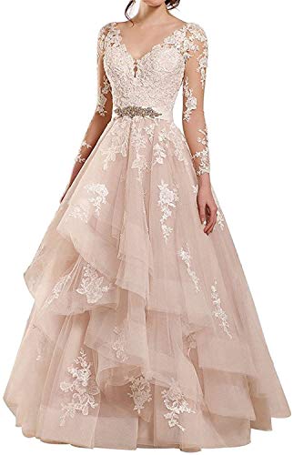 HUINI Ballkleider Lang A-Linie Abendkleid Hochzeitskleid Prinzessin Glitzer Brautkleider Standesamt Tüll mit Ärmel Rosa 36