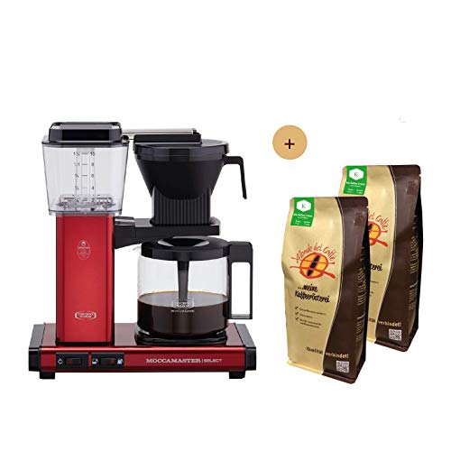 Moccamaster Filter Kaffeemaschine KBG Select Red Metallic, 1.25 Liter, 1520 W, Black Aktionspaket mit 2 * 500 gr. Filterkaffee von Mondo del Caffè