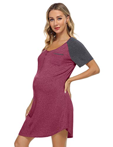 KOJOOIN Damen Stillnachthemd mit Knopfleiste, Umstandskleid Baumwolle V Ausschnitt Umstandsnachthemd Schlafanzug für Schwangere oder Stillende Frauen Weinrot M