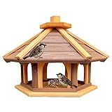 Vogel Futter Haus Futterstelle Sechseck aus Holz Vogelhaus,Vogelfutterhaus zum Stellen für den Garten.Futterstation für Wildvögel (Braun_ Gelb)
