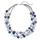 FULU AUTUMN Damen Statement Kette mit Steine Perlen Boho Silber Mehrreihige Kette Modeschmuck Die Besten Geschenke für Mütter(30-Blue)