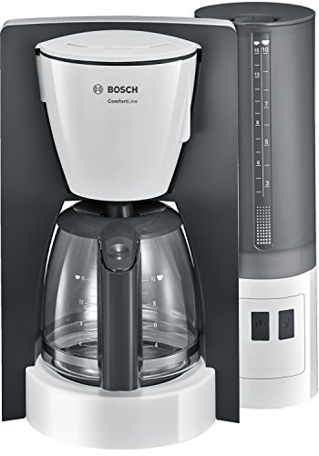 Bosch Filterkaffeemaschine ComfortLine TKA6A041, Aroma+, Aromaschutz-Glaskanne 1,25 L, für 10-15 Tassen, abnehmbarer Wassertank, Tropfstopp, schwenkbarer Filterträger, Kabelstaufach, 1200 W, weiß