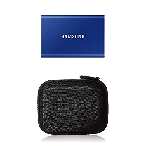 Samsung T7 Portable SSD - 1 TB - USB 3.2 Gen.2 Externe SSD Indigo Blue (MU-PC1T0H/WW) + Amazon Basics Festplattentasche, schwarz