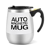Selbstrührender Kaffeebecher aus Edelstahl, mit Aufschrift 'Auto Magnetic Mug' für Kaffee, Tee, Heiße Schokolade, Milch, Kakao und Protein-Getränke weiß