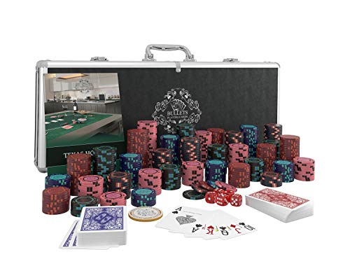 Bullets Playing Cards - Pokerkoffer Corrado Deluxe Pokerset mit 500 Clay Pokerchips ohne Werte, Poker-Anleitung, Dealer Button und Bullets Plastik Pokerkarten