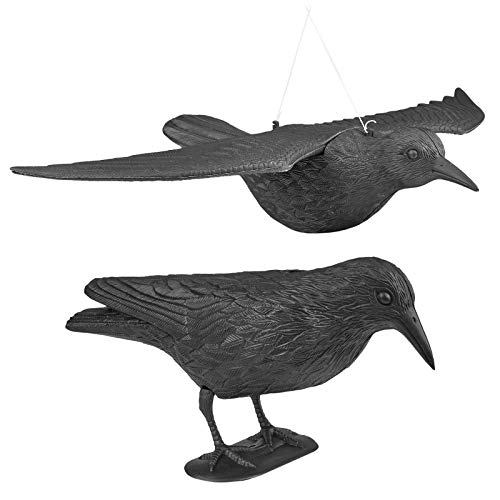 WELLGRO 2 x Vogelschreck - 1 x Krähe sitzend & 1 x Krähe fliegend - Kunststoff, schwarz