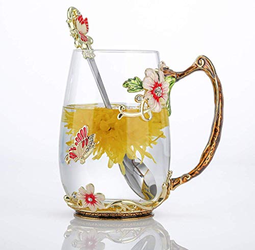 Luka Tech handgemachte Emaille Schmetterling Blume Glas Kaffeetassen Teetasse mit Löffel,personalisierte Geschenke für Frauen freundin Geburtstag Mutter Valentinstag Muttertag muttertagsgeschenk
