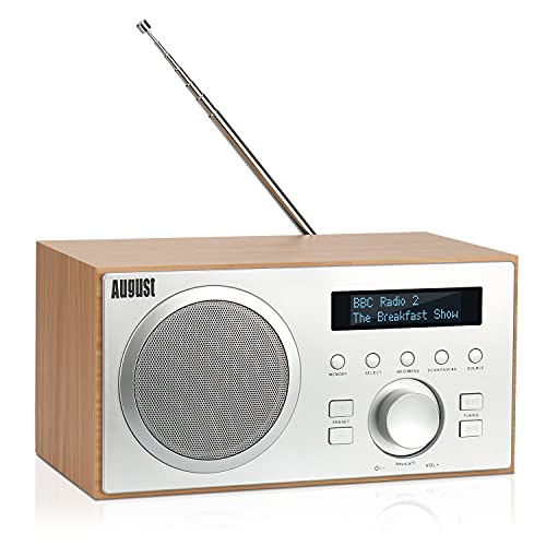 DAB+/FM Radio mit Bluetooth-August MB420-Digitales Küchenradio mit Holzgehäuse mit RDS-Funktion 60 Presets Hifi Bluetooth Lautsprecher 5W - Radiowecker mit Sleeptimer Alarm Snooze - USB/Aux-In/Aux-Out