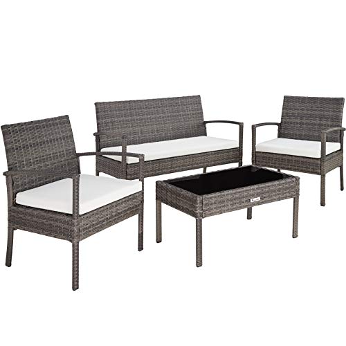 TecTake Poly Rattan Sitzgruppe, Gartenset mit 2 Stühlen, Bank + Tisch mit Glasplatte, Lounge Set für Garten, Terrasse und Balkon (Grau)