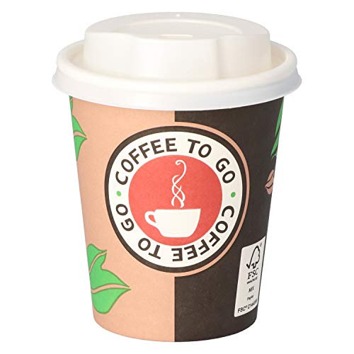 200 Kaffeebecher 8 oz für 200 ml Coffee to Go Pappbecher 0,2 ltr Cappuccinobecher mit weißem Deckel mit Trinköffnung