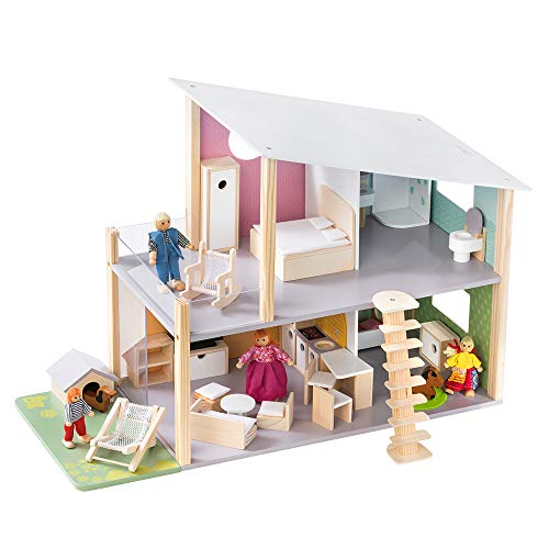 Howa Puppenhaus Nelly aus Holz mit 23 TLG. Möbelset, 4 Puppen und Hund 7015
