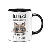 Tassenbrennerei Tasse mit Spruch Ich Hasse Morgenmenschen und Morgen und Menschen - Kaffeetasse lustig mit Katze (Schwarz)
