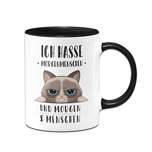 Tassenbrennerei Tasse mit Spruch Ich Hasse Morgenmenschen und Morgen und Menschen - Kaffeetasse lustig mit Katze (Schwarz)
