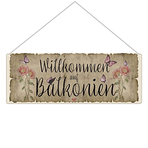 PR Print Royal Metallschild für den Balkon - Willkommen auf Balkonien - Geschenk für Freundinnen, Outdoorschild aus Aluminium | Wetterfest, Matt, 24x9 cm