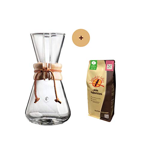 Chemex Karaffe für 3 Tassen (450 ml) Aktionspaket mit 250 gr. Filterkaffee von der Kaffeerösterei Mondo del Caffè