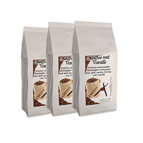 Aromakaffee - aromatisierter Kaffee Vanille, 3x1000 g ganze Bohnen - Spitzenkaffee - Sparpaket - Schonend Und Frisch In Eigener Rösterei Geröstet