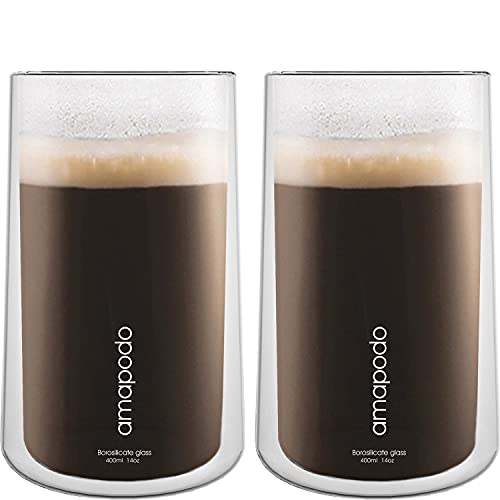 amapodo Latte Macchiato Gläser - Doppelwandige Gläser 2x 400ml - Thermogläser - Kaffeegläser Set - Teegläser doppelwandig - Cappucinogläser - Geschenke für Frauen - Kaffeetassen aus Glas ohne Henkel