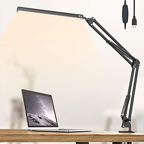 LED Schreibtischlampe mit Metall Rotierender Arm Klemmleuchte Schreibtischleuchte mit 3 Farb und 10 Helligkeitsstufen Dimmbar Tischlampe Leselampe mit Augenschutz Architektenlampe Tischleuchte