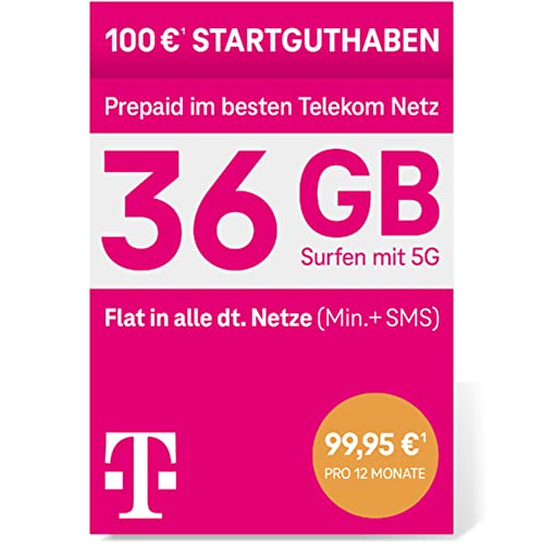Telekom MagentaMobil Prepaid 5G Jahrestarif SIM-Karte I inkl. 36GB (3GB/Monat) & Flat (Min, SMS) in alle dt. Netze, EU-Roaming I Surfen mit LTE Max/5G & HotSpot Flat I 100EUR Startguthaben