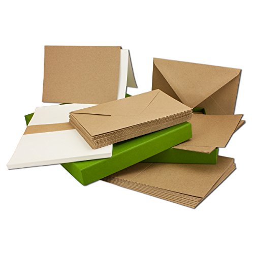 Vintage Kraftpapier-Karten Set mit Brief-Umschläge & Einlege-Blätter in Geschenkbox I 50 Sets I Blanko Recycling-Karten Natur-Braun I DIN A6 / C6