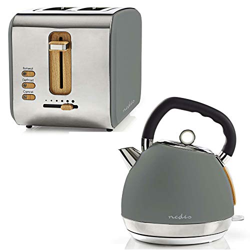 TronicXL Design Frühstücksset Toaster + Wasserkocher Holz Design + Edelstahl grau